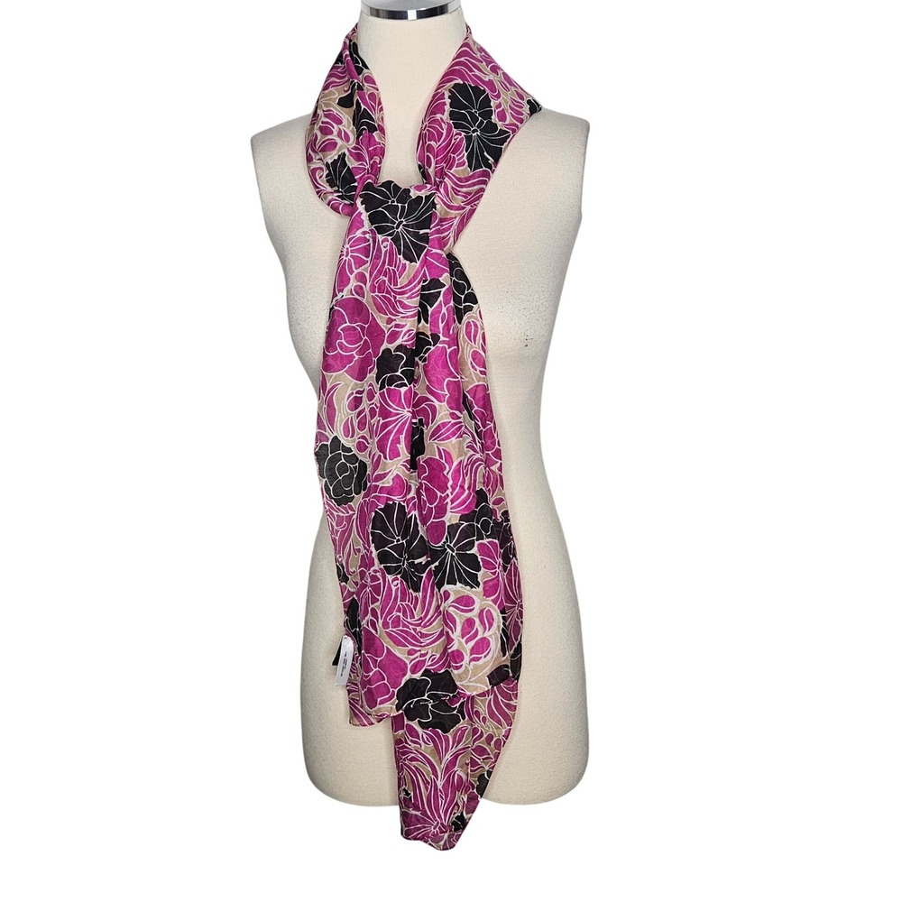 Talbots Pink Black Floral Cotton Silk Scarf Wrap Lightweight Oblong Preppy